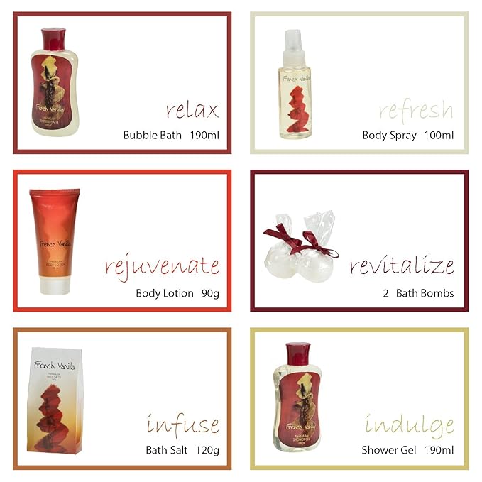 French Vanilla Bath Set Essential Bath and Body Basket: 2 Vanilla Bath Bombs, Body Lotion, Body Spray, Bath Salts, etc in a Wooden Jewelry Box