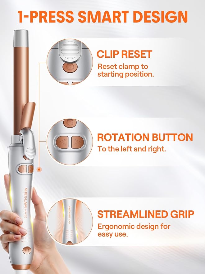 SHEGLAM Rotating Curling Iron Extra Long, Curl Cycle, 1 Inch Automatic Curling Wand for Long Hair, Self Spinning Barrel up to 430°F, Dual Voltage