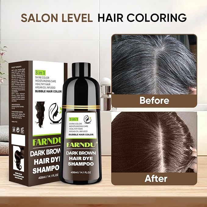 Dark Brown Hair Dye Shampoo for Women Men, 3 in 1 Hair Color Shampoo Dye for Grey Hair Coverage Champu Para Canas Mujer
