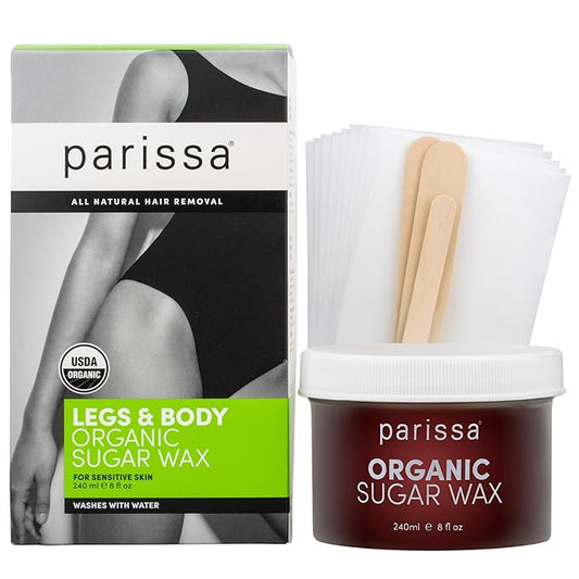 Parissa Organic Sugar Wax Kit for Legs & Body | USDA Certified, Vegan, Hypoallergenic, Microwavable & Water-Washable | Gentle & Beginner-Friendly | 30 Reusable Strips, 3 Spatulas, 240ml (8 Fl Oz) Wax