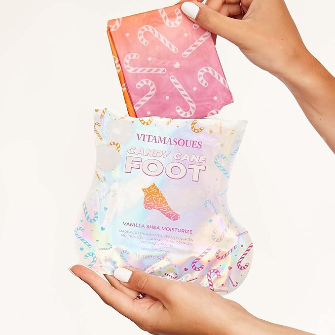 Vitamasques Candy Cane Moisturizing Foot Mask 5 Pairs - Korean Foot Mask with Shea Butter, Nourishing Feet Masks & Foot Moisturizing Socks for Hydration, Soft Skin & Relaxing Self-Care