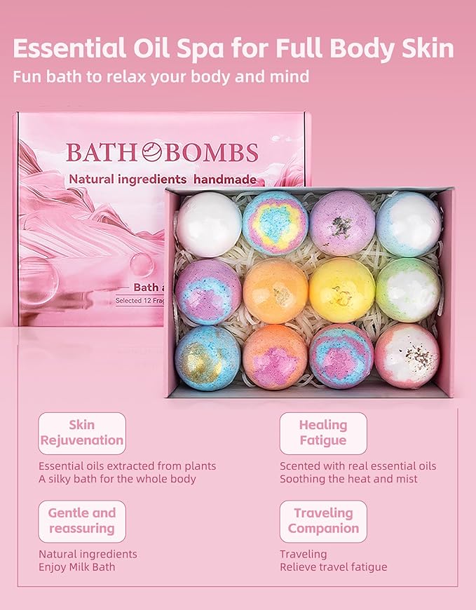 Natural Handmade Bath Bombs Salt Balls Gift Set, 12 PCS with Sea Salt & Shea Butter, Moisturizing Dry Skin, Stress Relief, Bubble Bath, Perfect Care Relaxing Spa Gifts for Women, Men & Kids