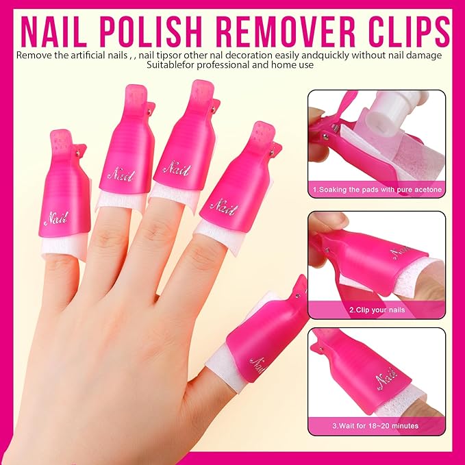 Teenitor Gel Nail Polish Remover Kit with 10pcs Nail Polish Remover Clips Cap 115pcs Nail Wipe Cotton Pads Nail Scraper Nail Files and Buffer Bushes - Hot Red
