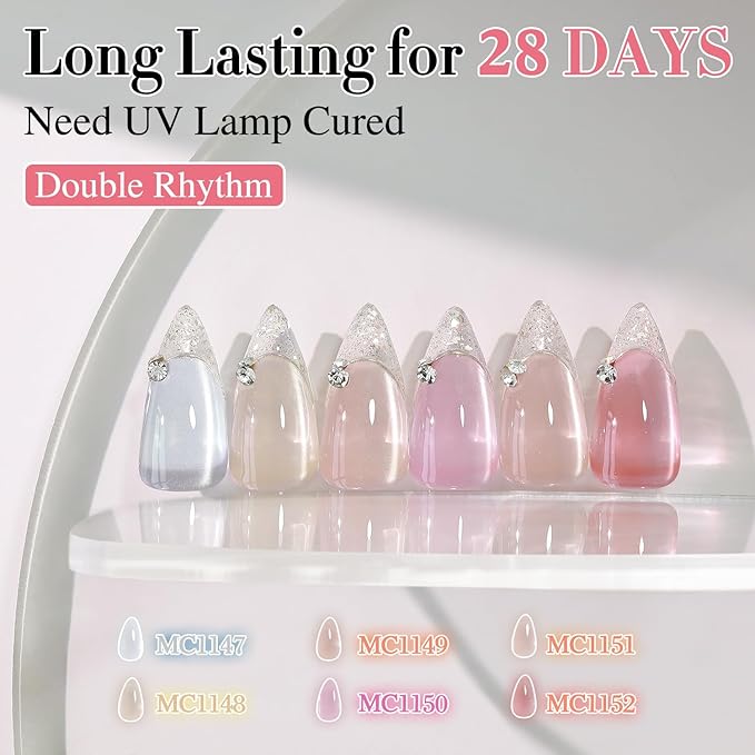 Double Rhythm Cat Eye Gel Nail Polish Set of 6 Same Color Same Bottle 0.5 Oz Shimmer Glitter with Magnet Holographic Reflective Magnetic UV Nail Polish Kit at Home (Silver Nude Pink-T6-27)