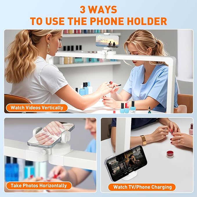 KIRKAS 34inch Large Half Moon Light for Nail Tech, 456 LEDs 3 Color Modes Infinitely Knob Arch Light with Phone Holder Charging Function, Foldable Nail Desk Lamp for Eyelash Extension, Tattoo-White