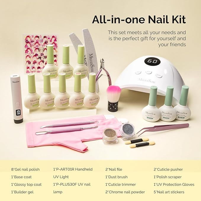 MelodySusie Gel Nail Polish Kit with UV Nail Lamp - Handheld UV Light Christmas Gift for Women Plant Based Hema Free Pink Gel Polish Set with No Wipe Glossy Top Coat Base Coat Builder Manicure Tools