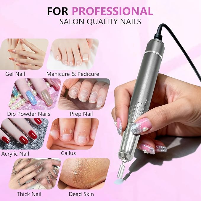 BETE Professional Nail Drill, 40000 RPM Cordless Electric Nail File Kit with 6 Bits, Rechargeable Efile for Acrylic Gel Nails Polishing, Manicure Tools for Salon Home Use, Rose Red