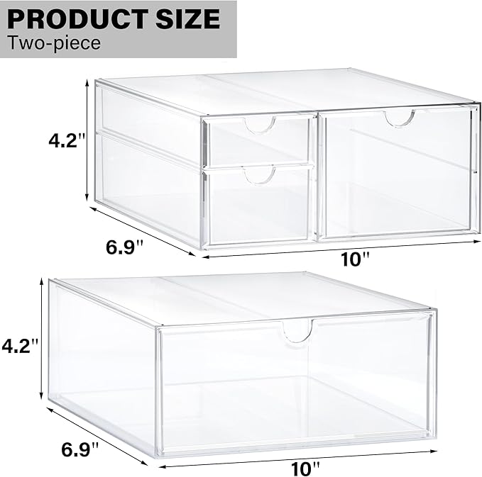 Prsildan Acrylic Drawer Makeup Organizer with 4 Drawers, Set of 2 Office Desk Organizers Accessories, Clear Stackable Storage Drawers for Vanity, Countertop, Craft, Jewelry, Art Supply Organization