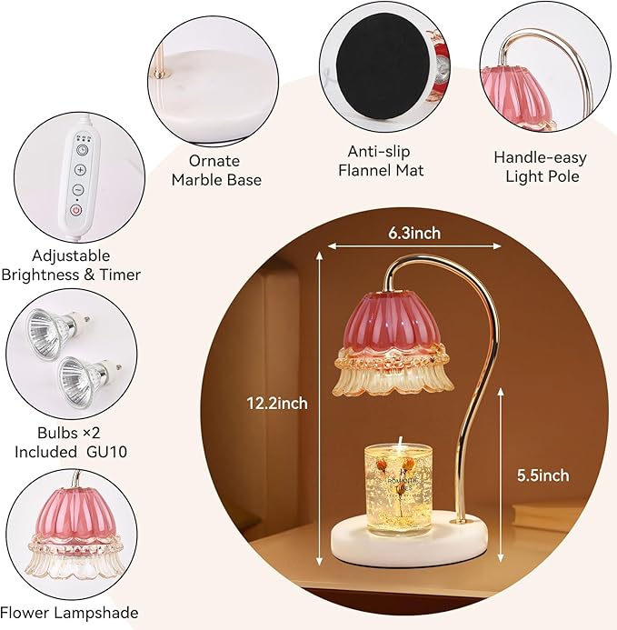 Candle Warmer Lamp with Timer,Gifts for Mom,Marble Base and Glass lampshade,a Beautiful Flower Candle Lamp with 2 Bulbs Candle Jar Light