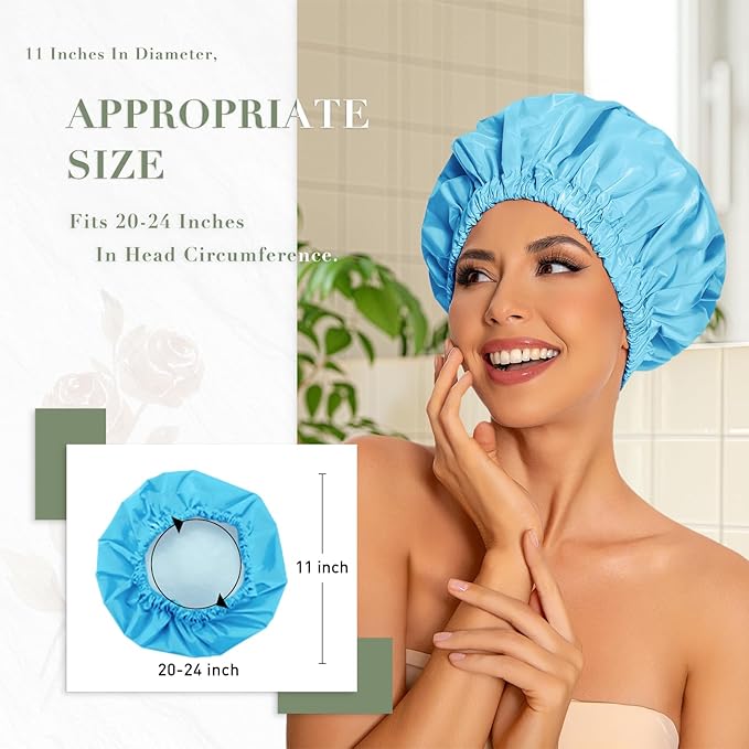 Reusable Shower Cap for Women, Large Waterproof Shower Bonnet Washable Elastic Band Bath Hair Hat for Long Hair, Braids(Lake Blue)