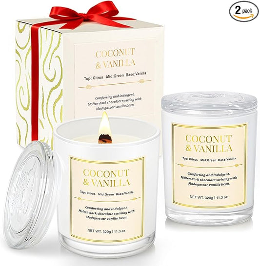 2 Pack Wood Wick Coconut & Vanilla Candle Gift Set – Long Lasting Soy Wax Candles with Gift Boxes, Holiday Aromatherapy Candles for Home Decor & Christmas Gifts
