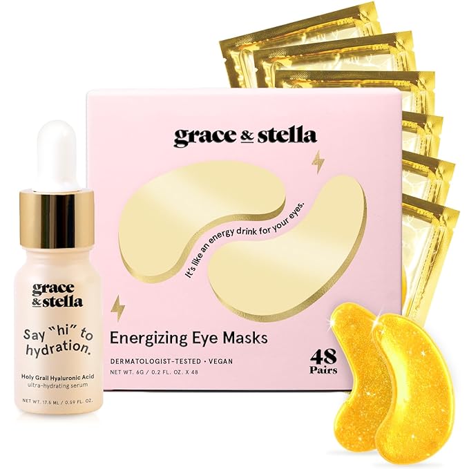 grace & stella Award Winning Under Eye Mask - Early Christmas Gift Ideas, Gifts for Women- Undereye Patches for Dark Circles, Puffiness, Wrinkles (Gold Eye Mask 48 Pairs + Hyaluronic Acid Serum 17ml)