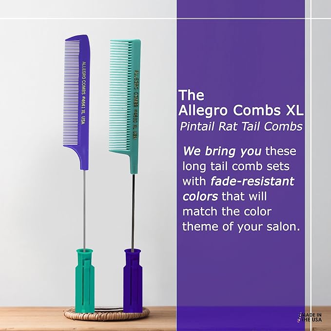 Allegro XL Pintail Rat Tail & Parting Combs - Metal Tail Foiling & Pin Combs (2 Pc., Purple & Mint)
