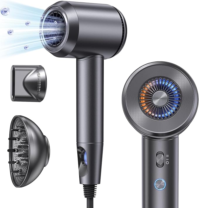 Hair Dryer with Diffuser,Fast Drying 1500W Motor &10,5000 RPM,Professional Hair Dryer with 500 Million Ions for Curly and Straight Hair Low Noise/Lightweight/Mini,Great for Travel and Home(Gray)