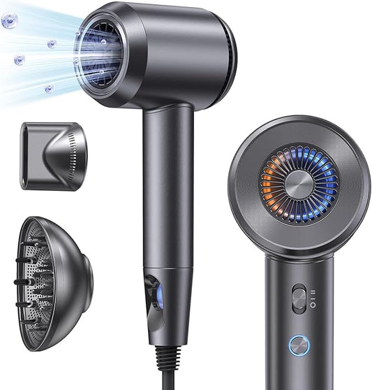 Hair Dryer with Diffuser,Fast Drying 1500W Motor &10,5000 RPM,Professional Hair Dryer with 500 Million Ions for Curly and Straight Hair Low Noise/Lightweight/Mini,Great for Travel and Home(Gray)