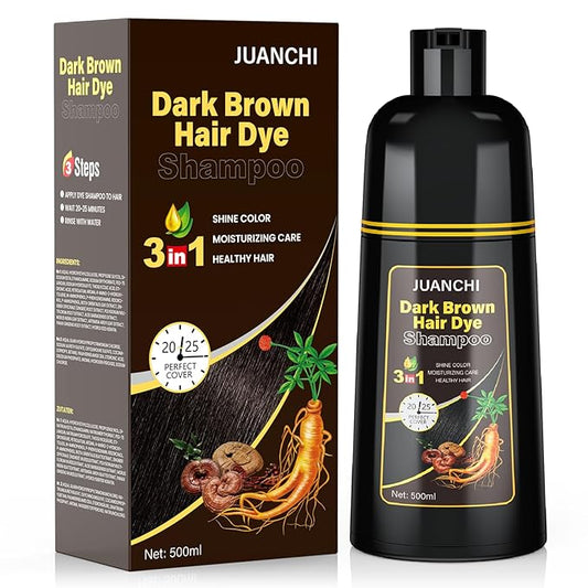 JUANCHI Dark Brown Hair Dye Shampoo 3 in1, Dark Brown Shampoo Hair Dye for Gray Coverage, Natural Hair Color for Women Men, Herbal Formula, Ammonia-free, Lasts 30 Days, 500ml (16.90 oz)