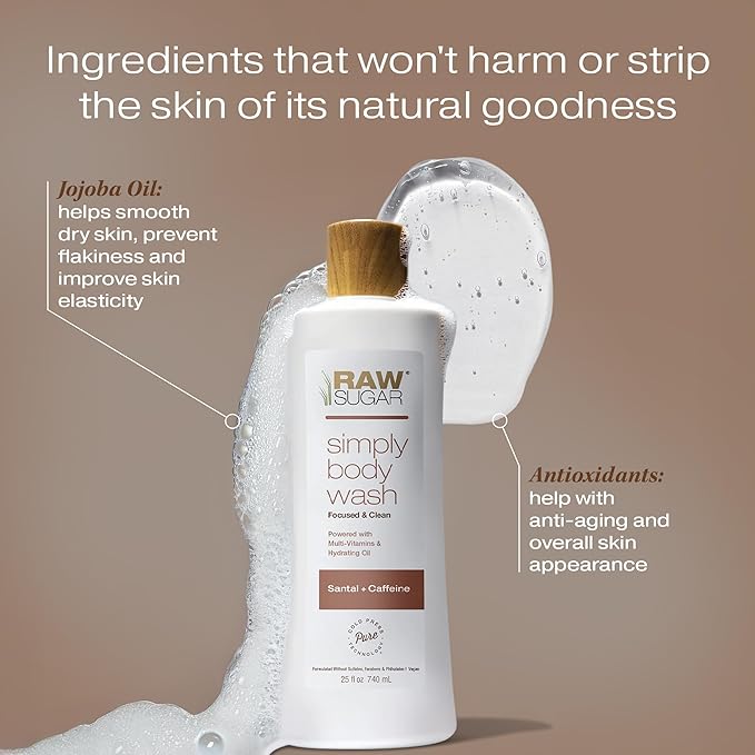 RAW SUGAR Simply Body Wash - Santal + Caffeine, Moisturizing & Soothing Bath & Shower Gel, Sulfate-Free, Paraben-Free & Vegan (25 Fl Oz, Pack of 1)