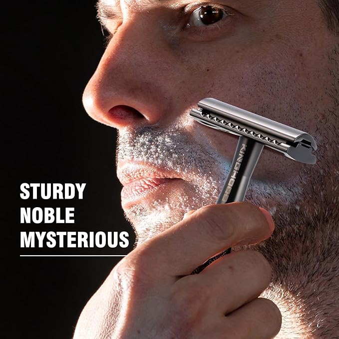 KINGHOOD Safety Razor - One Blade, Metal, Reusable, Double Edge, Closed Comb, Brass, Black