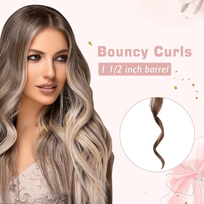 1 1/2 inch Curling Iron, Dual Voltage Large Hair Curling Iron Heat up to 450°F, Professiona Curling Wand Ceramic Tourmaline(Rose Gold)