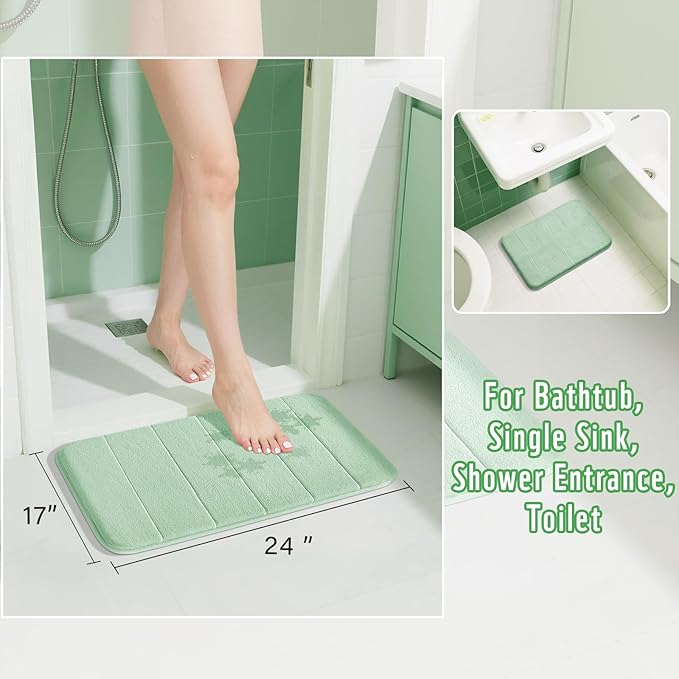 Yimobra Memory Foam Bath Mat, Super Soft Absorbent Bathroom Rug Non Slip, Quick Dry, Machine Washable Floor Carpet for Tub Shower, Home Decor Accessories, 24x17, Pale Green