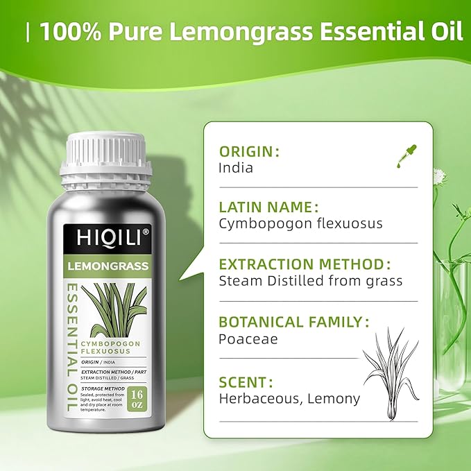 HIQILI 16 Fl Oz Lemongrass Essential Oil, 100% Pure Natural Undiluted for Diffuser, Hair