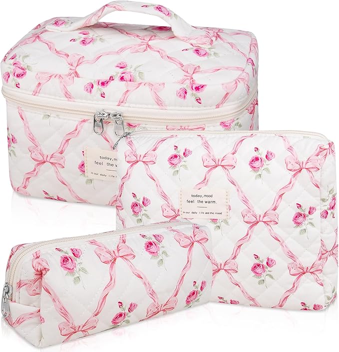 3PC Makeup Bag Set, Quilted Makeup Bag, Large Floral Cosmetic Bag for Women, Cute Cotton Makeup Bags, Flower Travel Toiletry Organizer Bag (Pink Flower)