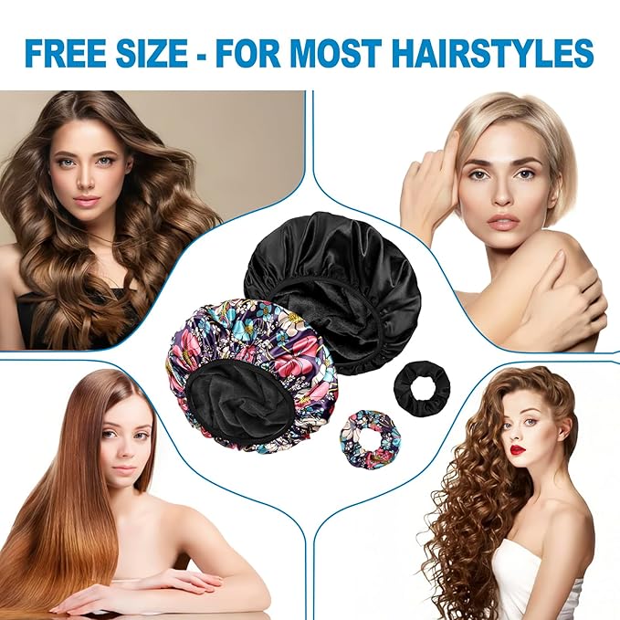 Shower Caps for Women, 2 PCS 3 Layers Terry Lined Shower Cap + 2 Satin Scrunchies, Waterproof Terry Cloth Bath Caps Elastic and Reusable Hair Cap for Shower - (Black+Flower B)