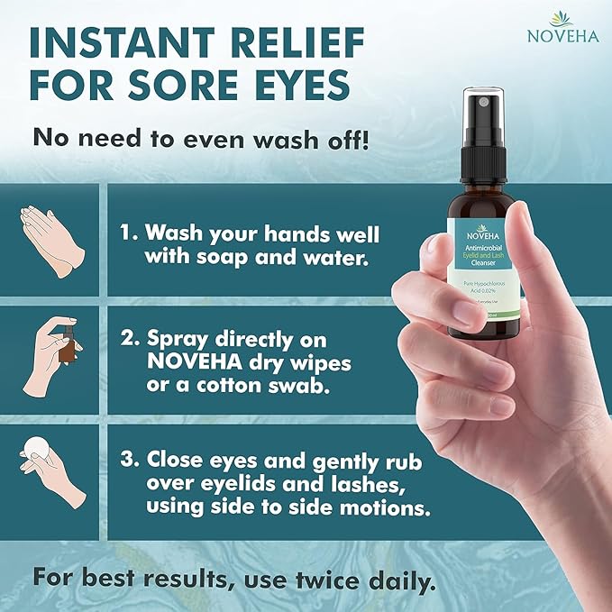 NOVEHA Eyelid Cleanser | Stye Eye Treatment | Eye Lid Cleaning | Dry Relief | Fast Acting Soothing Eyelid Cleansing Formula | Pure and Gentle Lash Hypochlorous Acid Spray (1oz - 2 Pack)
