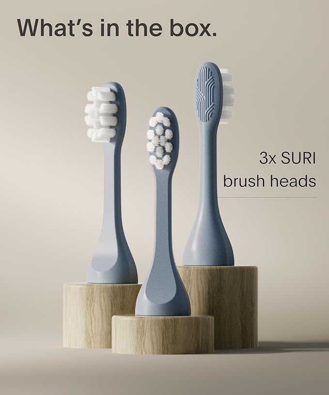 SURI Recyclable Plant-Based, Electric Toothbrush Heads - Built-in Tongue Scraper, Long Lasting Replacement Heads | Compatible Only Sonic Electric Toothbrush - Sea Mist, Pack of 3