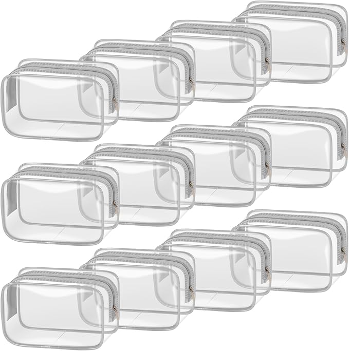 TISRATOK 12 PCS Clear Makeup Bag for Women with Zipper, TSA Approved Toiletry Pouch, Cosmetic Bag Bulk for Travel Organizer Essentials - Grey,Small