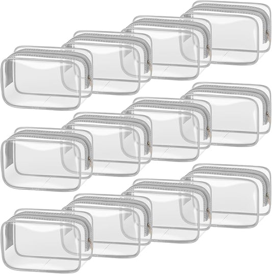 TISRATOK 12 PCS Clear Makeup Bag for Women with Zipper, TSA Approved Toiletry Pouch, Cosmetic Bag Bulk for Travel Organizer Essentials - Grey,Small
