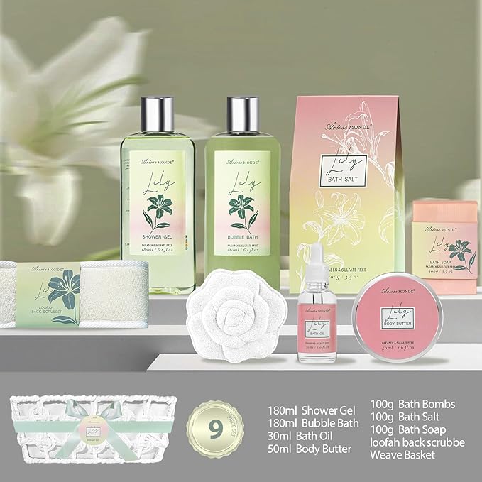 Spa Gift Baskets for Women Bath and Body Gift Set, 9pcs Spa Gifts for Women, Lily Bath Gift Set with Bubble Bath, Body Lotion, Christmas Gifts for Her Relaxing Bath Sets