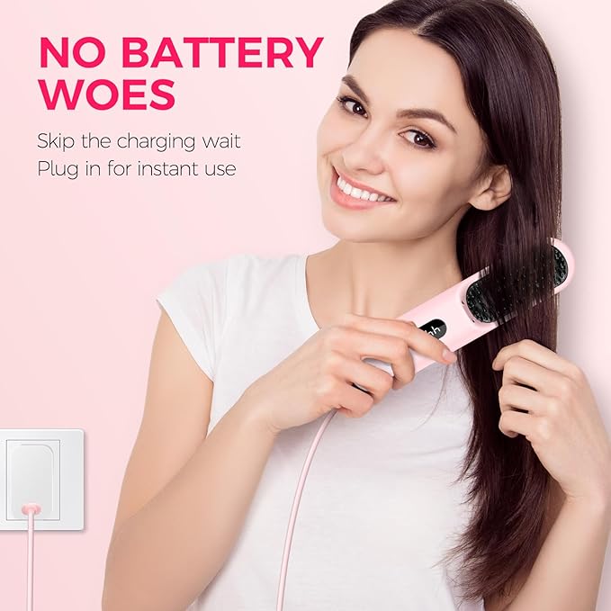 Cordless Hair Straightener Brush, Portable Straightening Brush for Travel, Mini Ionic Hot Comb with 9 Temperature Settings, Rechargeable Heated Straightening Comb, Dual Power, Gifts for Women Her