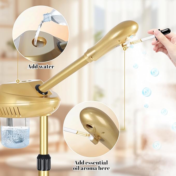 Facial Steamer Professional with More Steam for Deep Cleansing and Hydration, Steamer for Facial with Time Setting, Face Steamer Adjustable Height for Beauty, Spa and Home Use, Gold