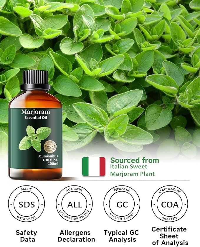 Pure Marjoram Essential Oil, Mumianhua Natural Marjoram Oil for Diffuser, Room Spray, Massage, Humidifier & Air Purifier, Skin, Soothing Comfort, Evening Ease, Outdoor Protection 3.38 Fl Oz