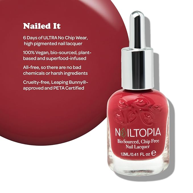 Nailtopia Bio-Sourced, Chip Free Nail Lacquer - All Natural, Strengthening Biotin and Superfood-Infused Polish - Chip Resistant Formula - Quick-Dry, Long Lasting Wear - Nailed It - 0.41 oz