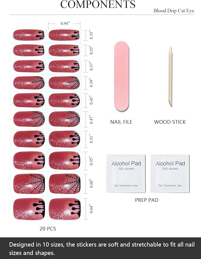 Semi Cured Gel Nail Strips (Blood Drip Cat Eye), Halloween, Spider Web, 20 Pcs Red Gel Nail Wraps, Stickers, Salon Quality, Works With Any Lamps