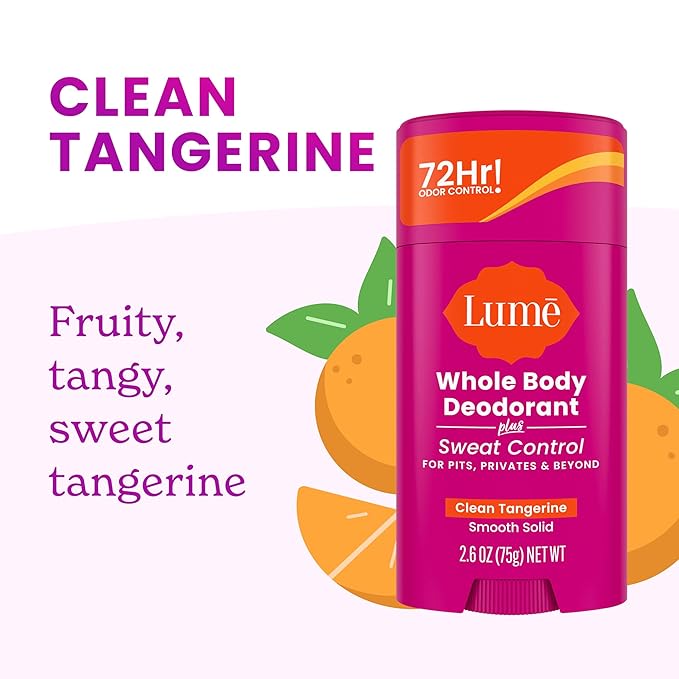 Lume Deodorant Plus Sweat Control - Smooth Solid Stick - Maximum Strength Antiperspirant - 72 Hour Odor And Sweat Control - Baking Soda Free, Skin Loving - 2.6 ounce (Clean Tangerine) Pack of 2