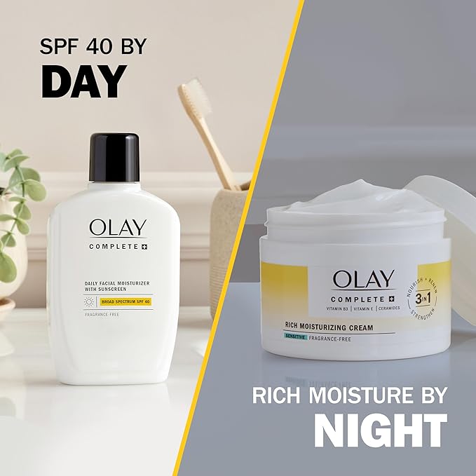 Olay Face Moisturizer, Complete+ Rich Moisturizing Cream - Fragrance-Free, Gentle for Dry & Sensitive Skin, 3-in-1 Hydrating to Strengthen, Nourish, Renew - Niacinamide, Vitamin E, & Ceramides, 8.5 oz
