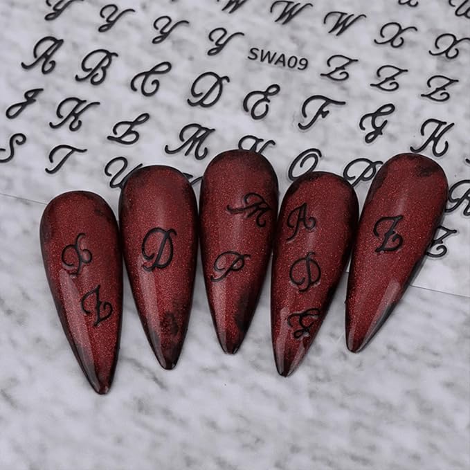 12 Sheets Letter Nail Art Stickers Decals 3D Self Adhesive Letter Nail Stickers for Nail Art Black White Silver Gold Retro English Nail Decals Letters Nail Design Nail Art Supplies