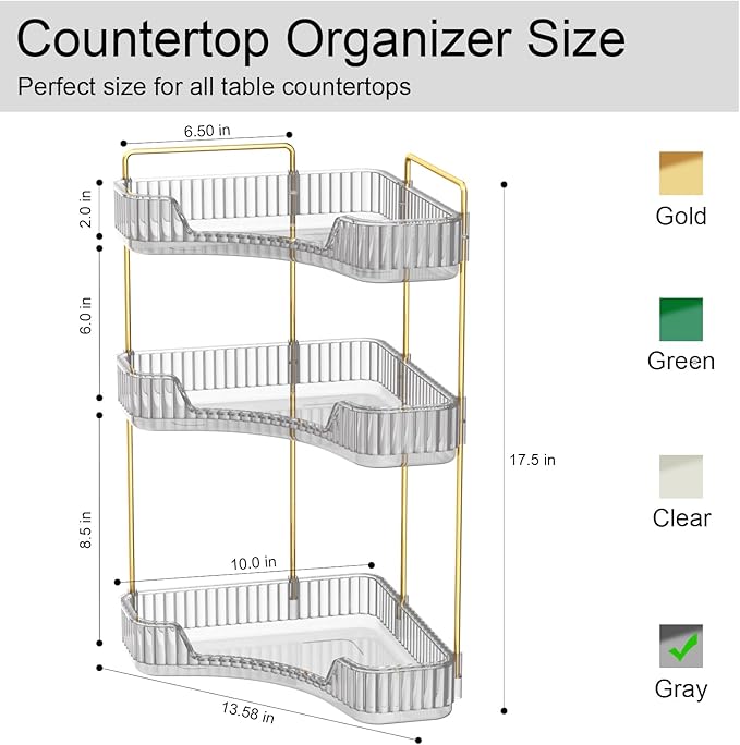 GTI 3-Tier Corner Bathroom Counter Organizer, Large Capacity Makeup Organizer Countertop, Perfume Cosmetics Skincare Vanity Organizers, Exquisite Countertop Storage for Women (Gray)