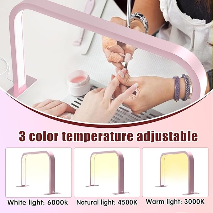 Half Moon Nail Desk Lamp, LED Nail Tech Desk Light with Phone Holder, Adjustable Brightness 3000-6000K, Arch Lamp for Manicure, Lash, Eyelas (White)
