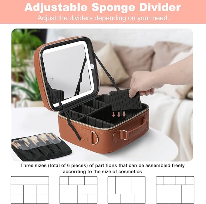 Mocado Travel Makeup Bag with LED Lighted Mirror, Travel Makeup Organizer, Makeup Case with 3 Color Lighted Setting and 10x Magnifying Mirror, Portable Storage and Adjustable Dividers(Orange Brown)