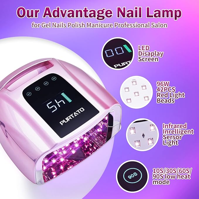 Professional Rechargeable 96W UV LED Portable Cordless UV Light for Nail Lamp Machine with Removable Stainless Steel Bottom,4 Timer Setting and Smart Sensor Nail Dryer (Plating Pink)