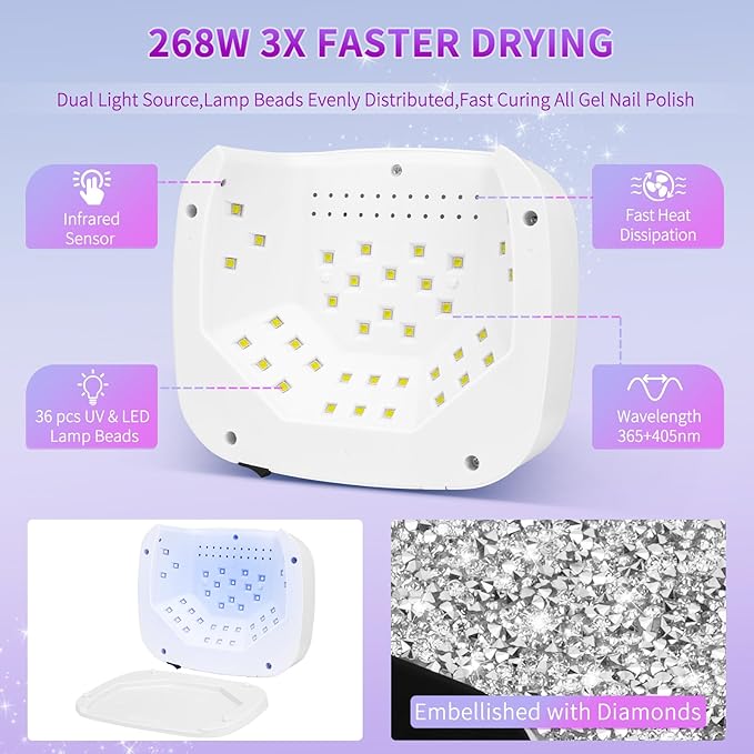 UV LED Nail Lamp Dryers & Gloves 268W Diamond UV Light for Gel Nails Polish,Fast Curing Colored Poly Builder Gel Lamp with Sensor 4 Timer Touch Screen 36 LED,Professional Manicure Pedicure Art Tools