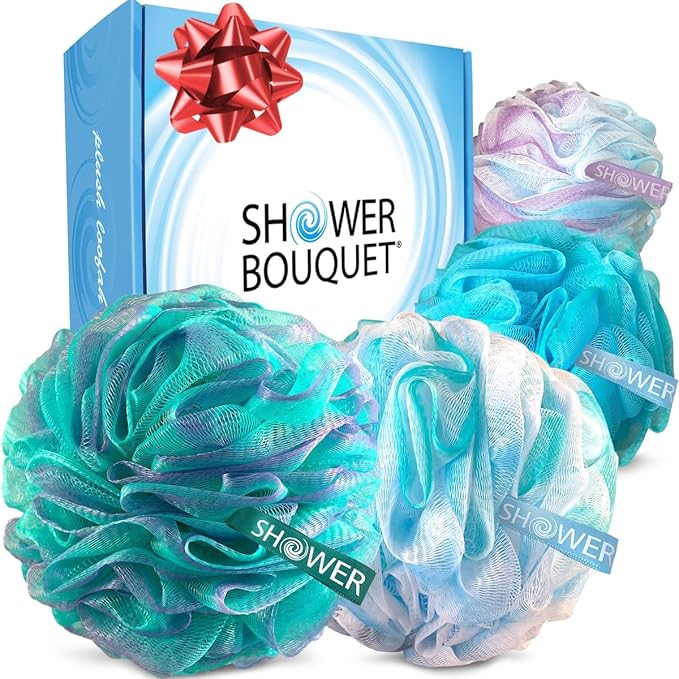 SHOWER BOUQUET Loofah-Bath-Sponge XL Swirl-Mix-Color 4-Pack // Extra-Large 75g Mesh Luffa Loofa Loufa Puff Pouf Set/Exfoliating Body Scrubber for Women and Men - Exfoliate & Soothe Face & Body