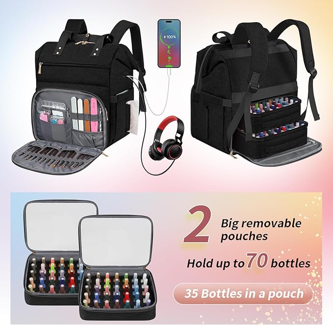 LTINVECK Nail Polish Organizer Case Backpack Holds 70 Bottles (15ml/0.5fl.oz)& Nail Lamp, 2 Layers Detachable Nail Kit Storage Case, Large Travel Nail Supplies Shoulder Bag for Manicure Tools (black)