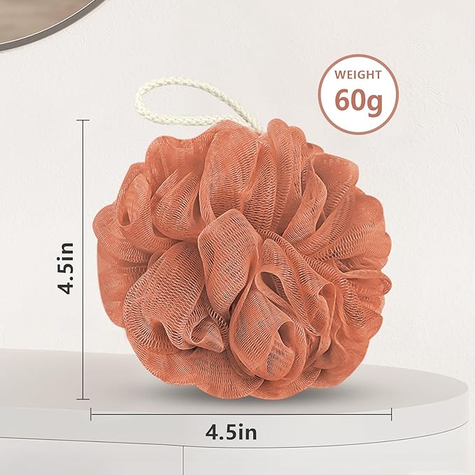 Shower Loofah Bath Sponge, 60G Loofah Exfoliating Body Scrubber, 4 Color Mesh Shower Pouf Balls for Body Wash (Caramel Coffee)
