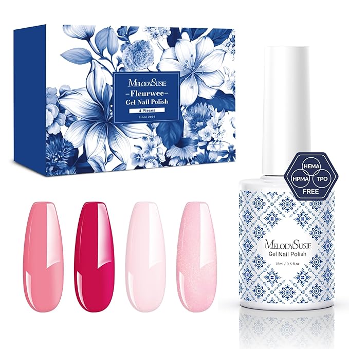 MelodySusie Fleurwee Plant Based 4pcs Gel Nail Polish Hema Free 21 Non Toxic Long Lasting Pink Shades Nail PolishNo Chip Nail Art Salon DIY Gifts for Women Gel Manicure Kit