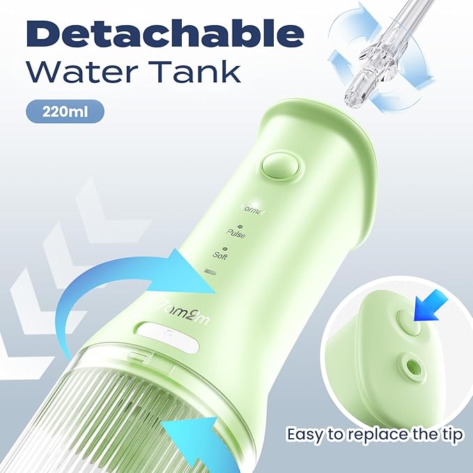 7AM2M Portable Water Flosser Cordless, Water Flosser for Teeth with 3 Modes and 2 Jet Tips, USB C Rechargeable, IPX7 Waterproof, Dental Water Flosser for Travel and Home Use (Green)